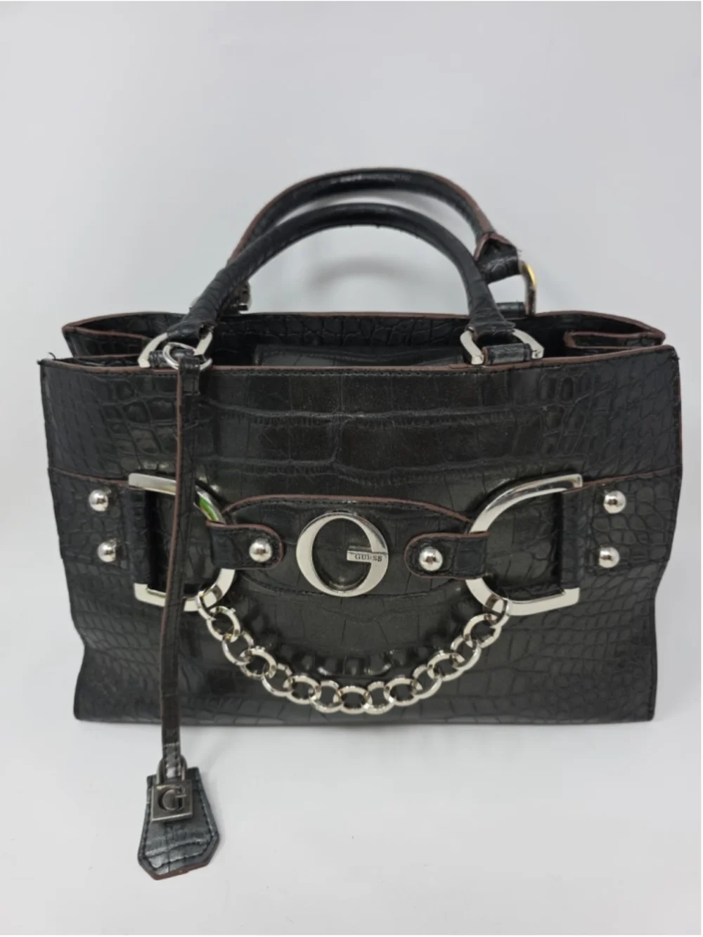 GUESS Y2K Vtg Black Croc Embossed Gunmetal Grey Bag Large Logo Designer Purse